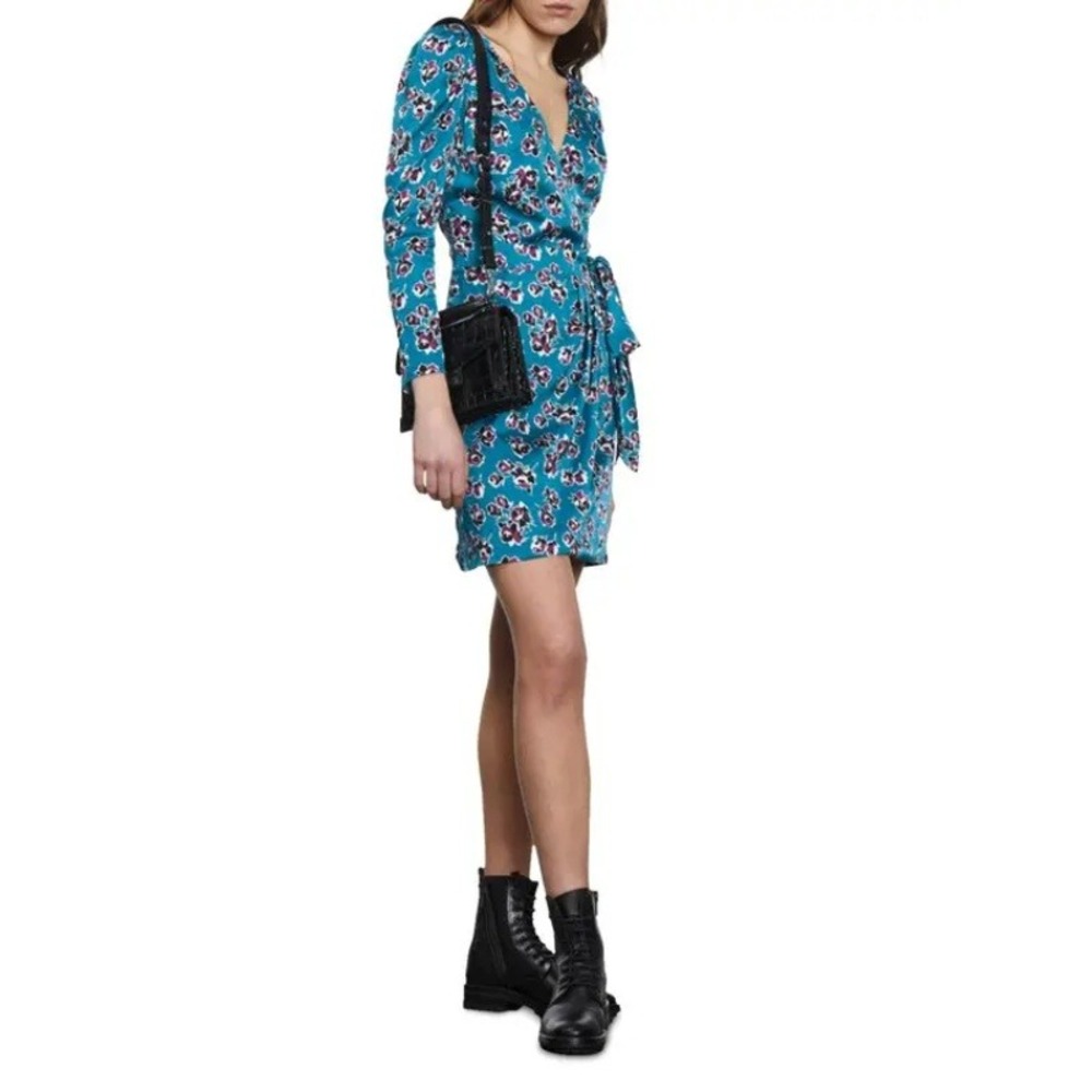 The Kooples Floral Print Wrap Dress Rock Roses Teal Mini Size 0 XS NWT